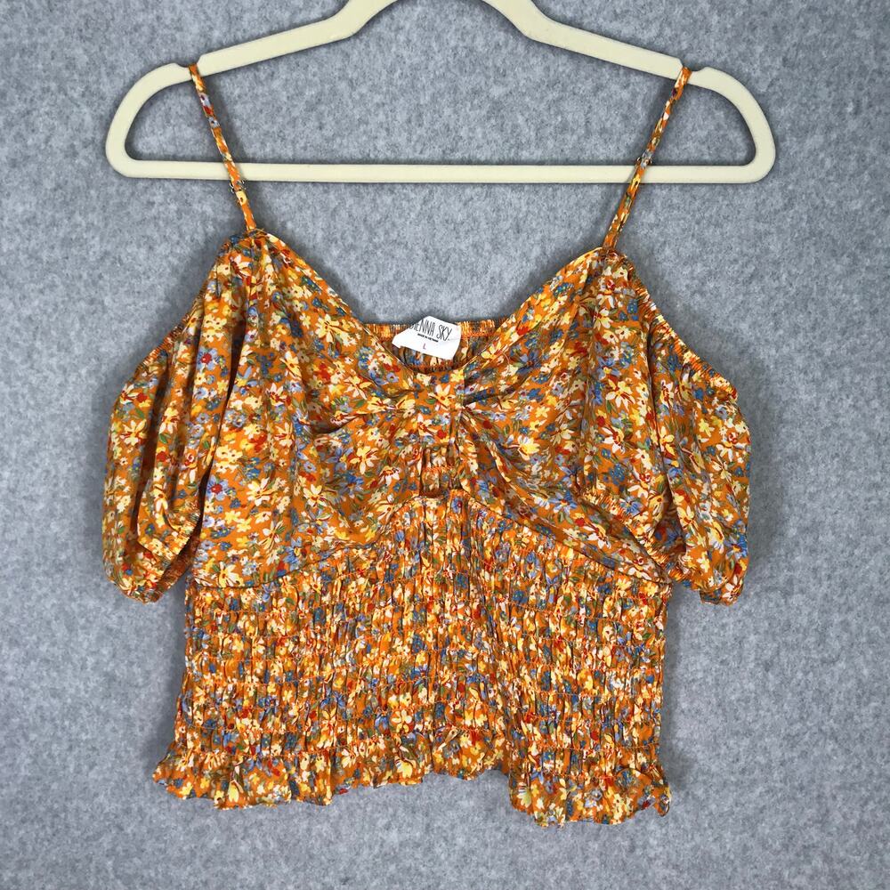 Sienna Sky Crop Top‎ Womens Large Orange Floral Blouse Cottage Fairy Rodeo Boho